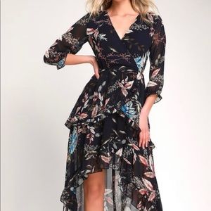 NAVY BLUE FLORAL PRINT RUFFLED HIGH-LOW DRESS